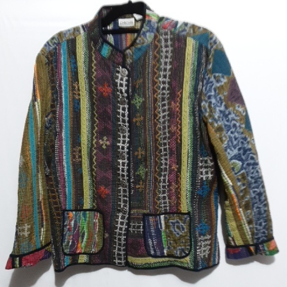Chico's ‎ Bohemian Embroidered Multicolor Striped Patchwork Blazer/Jacket